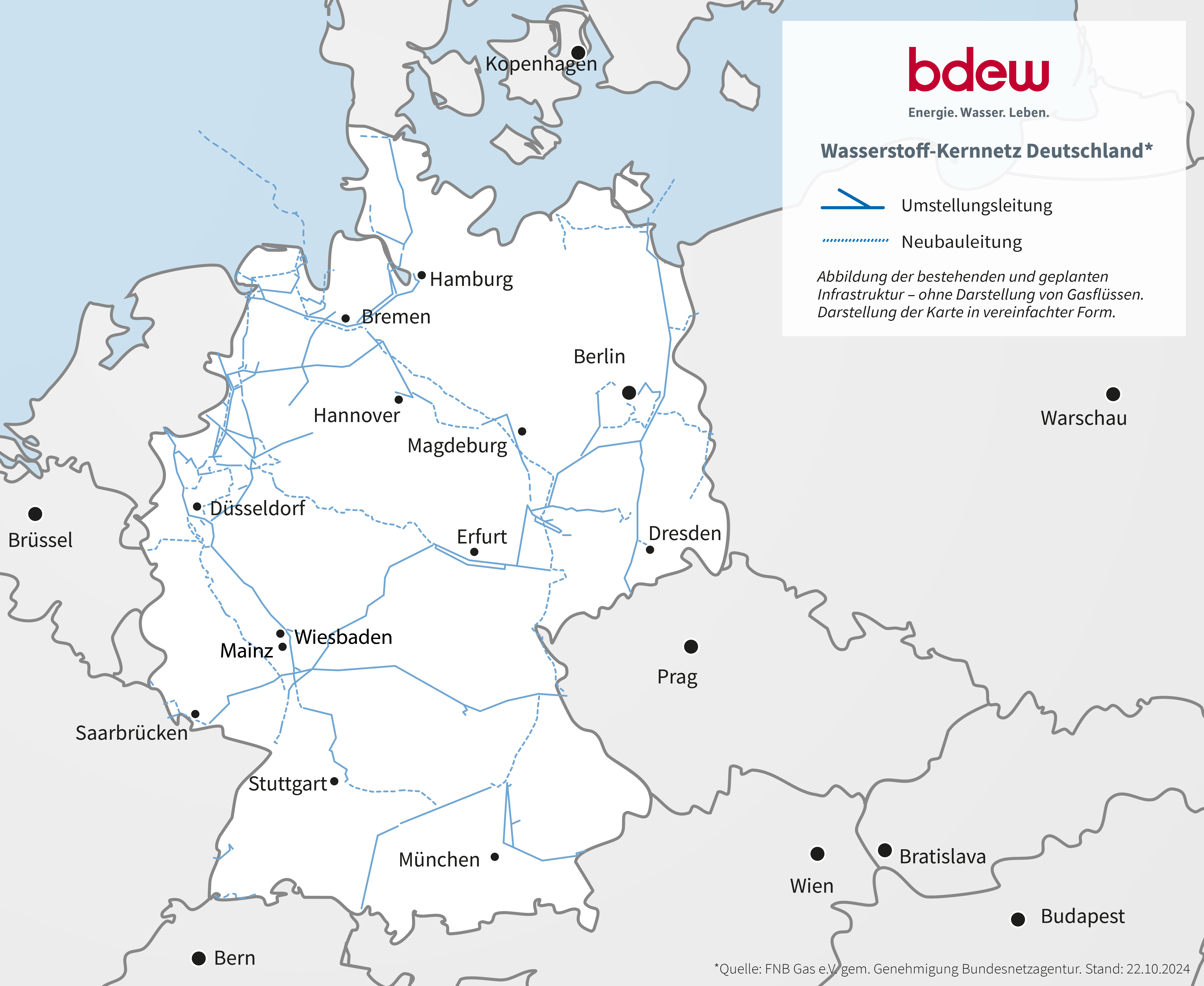Karte Deutschlands mit bestehendem und geplantem Wasserstoff-Kernnetz, Umstellungs- und Neubauleitungen.
