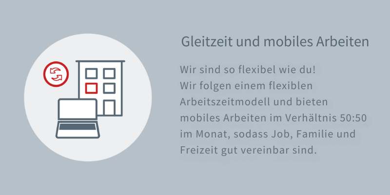 Symbol eines Gebäudes, Laptops und Austauschpfeilen, daneben Text zu flexiblem Arbeitszeitmodell und mobilem Arbeiten.